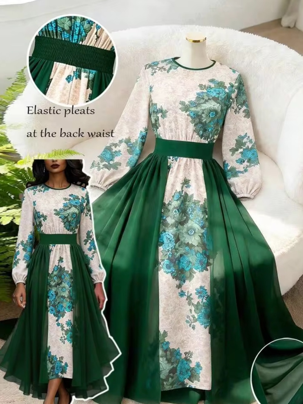 Green Floral Long Sleeve A-Line Maxi Dress